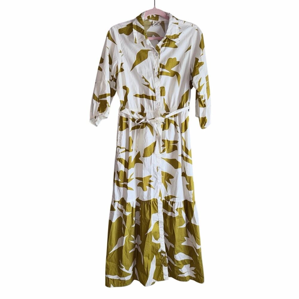 NAOO white olive green 100% cotton button front dress belted XL lagenlook artsy